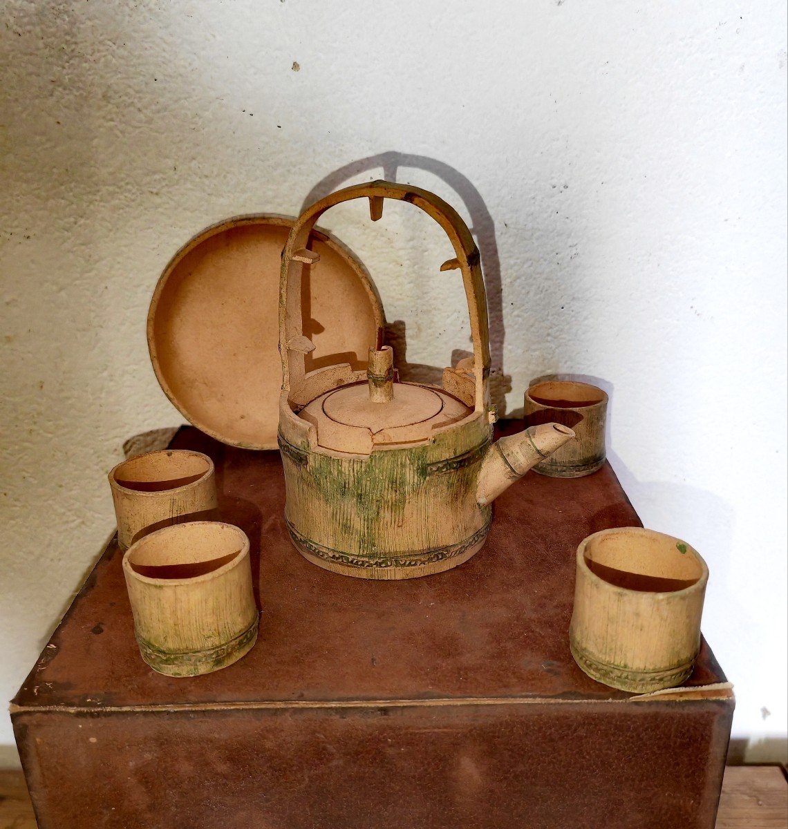 Teapot, Tray & 4 Cups, Yixing Stoneware, Bamboo Trompe l'Oeil, China 20th Century -photo-4