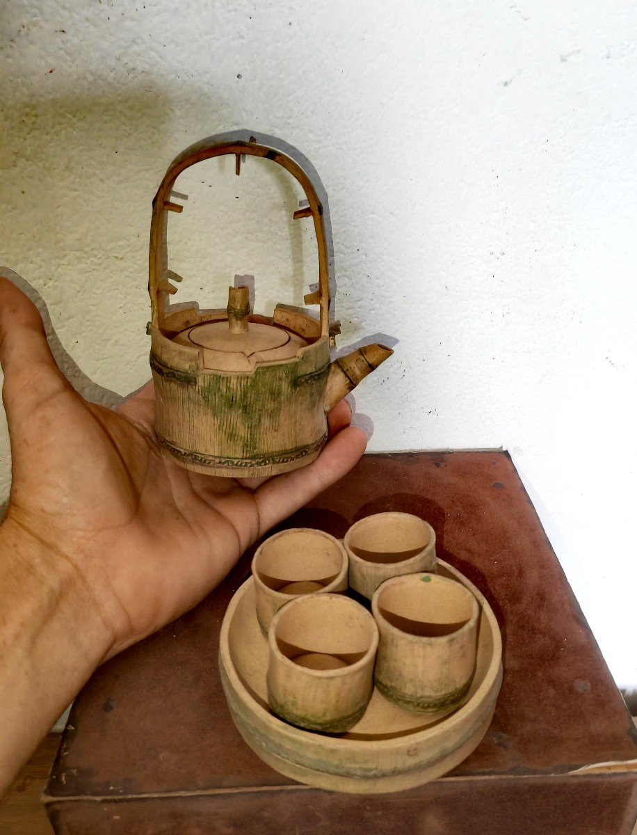 Teapot, Tray & 4 Cups, Yixing Stoneware, Bamboo Trompe l'Oeil, China 20th Century -photo-5