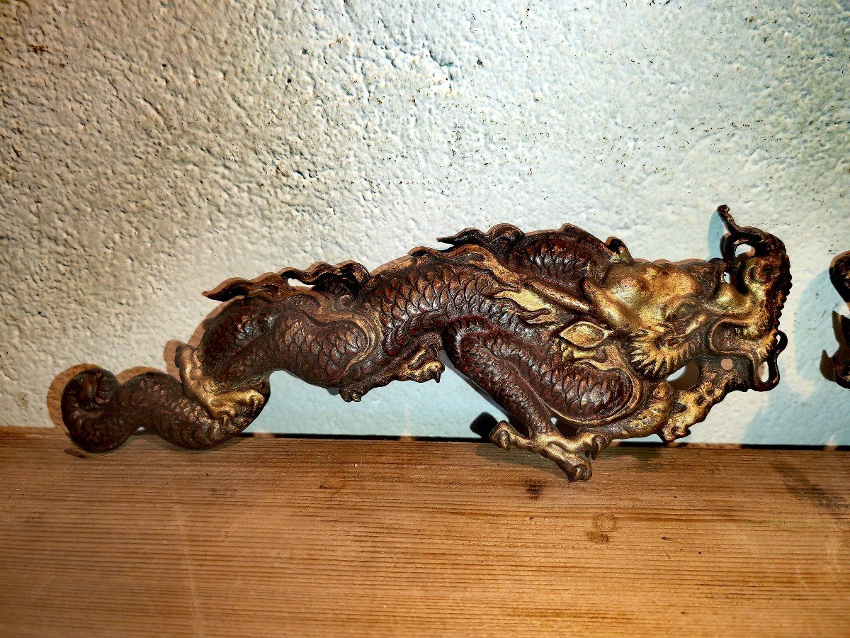 Belle Paire De Décorations d'Ameublement, Bronze Patiné Et Doré, Dragons XIXe -photo-3