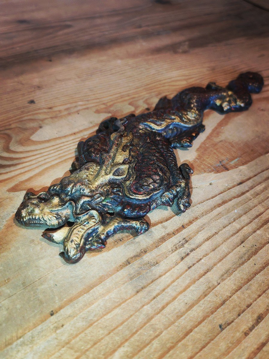 Belle Paire De Décorations d'Ameublement, Bronze Patiné Et Doré, Dragons XIXe -photo-4