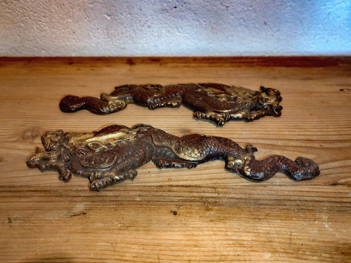 Belle Paire De Décorations d'Ameublement, Bronze Patiné Et Doré, Dragons XIXe -photo-1