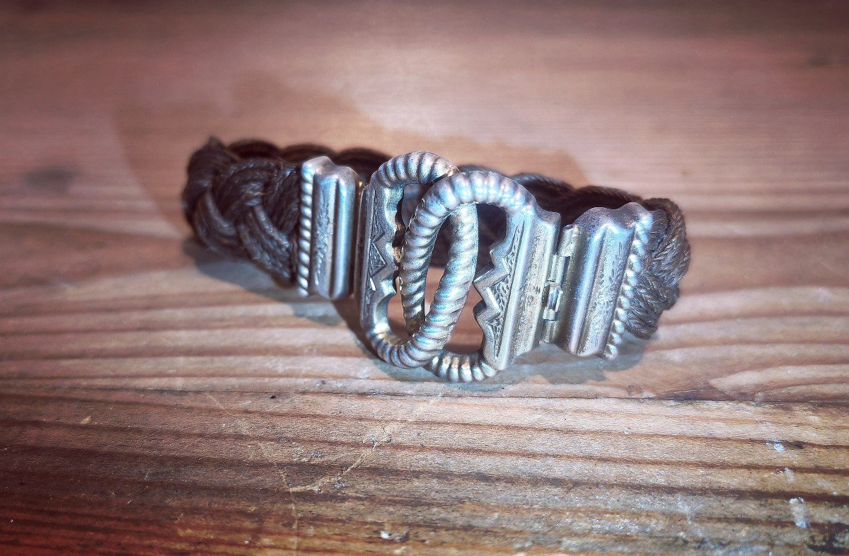Lovely Braided Hair Bracelet, Gilt Silver Mount, France Napoleon III-photo-3