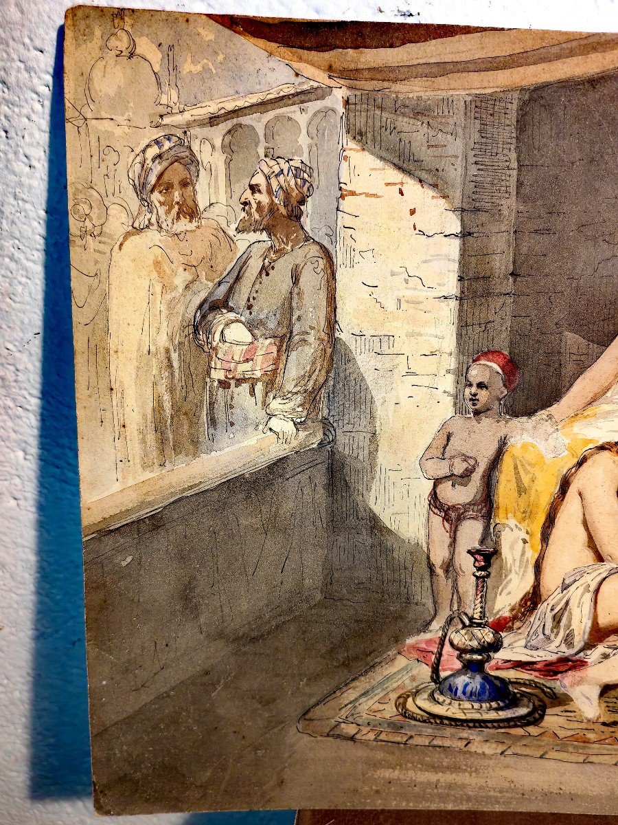 Beautiful French Orientalist Watercolor Drawing, Pleasure House, Signature E.s, Porto 1852-photo-2