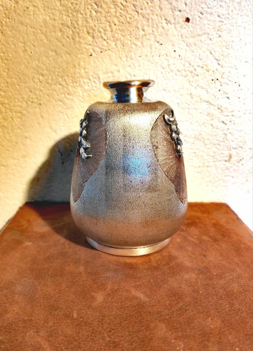 Cute Tea Ceremony Vase, Silvered Copper & Silver, Hanakago Ikebana, Japan Meiji 19th Century -photo-2