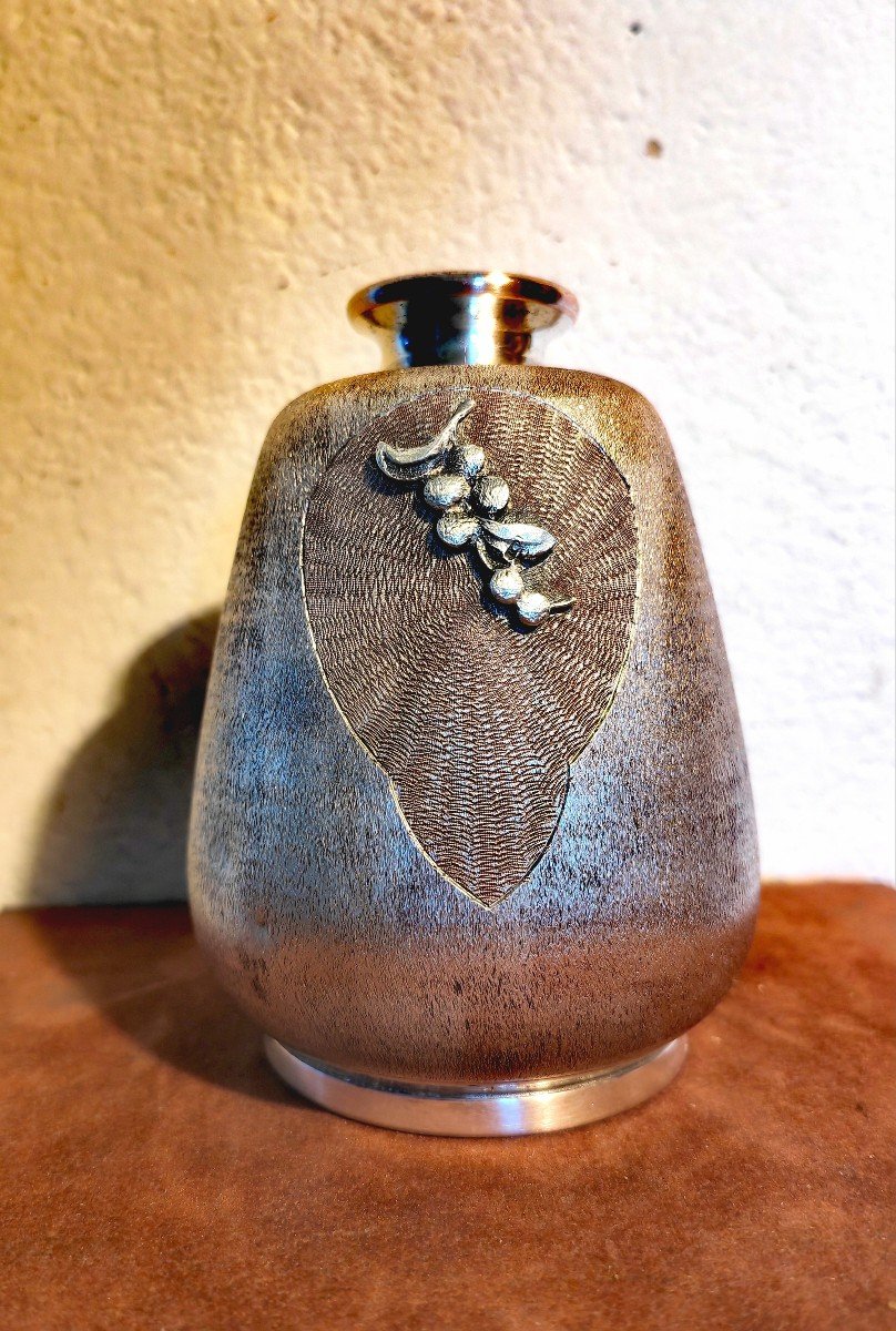 Cute Tea Ceremony Vase, Silvered Copper & Silver, Hanakago Ikebana, Japan Meiji 19th Century -photo-3