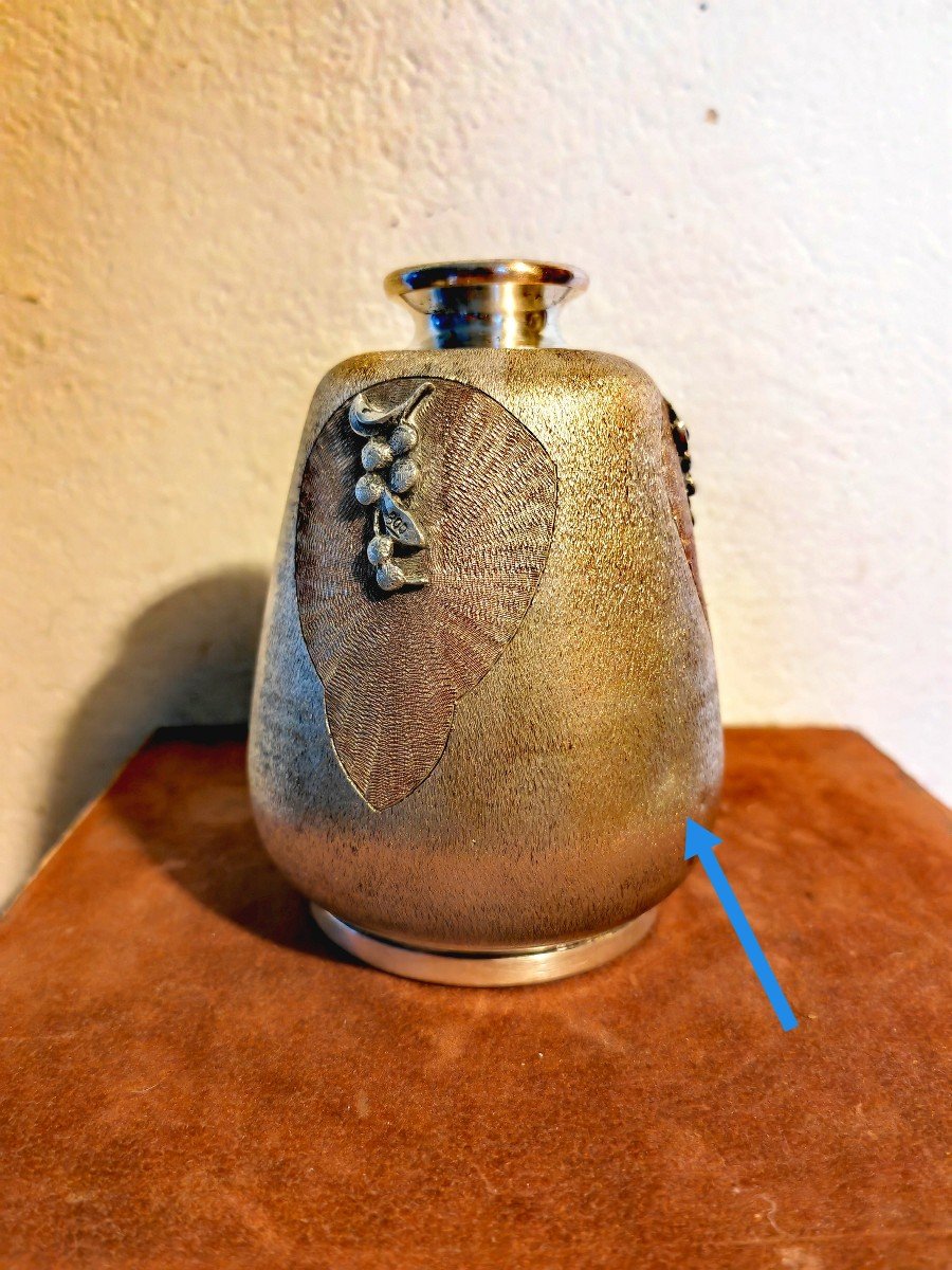 Cute Tea Ceremony Vase, Silvered Copper & Silver, Hanakago Ikebana, Japan Meiji 19th Century -photo-3