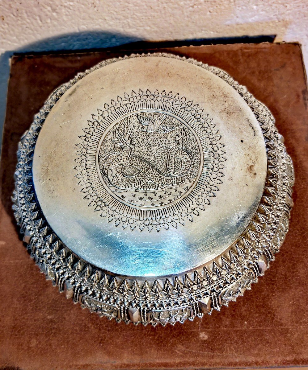Large Silver Cup Or Box Without Lid Asia, Cambodia-thailand, Zodiac Animals, Ca. 1900-photo-4