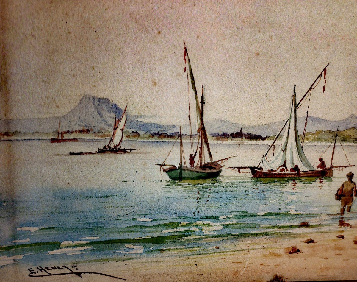 Beautiful Large Watercolor, Marine Subject, émile Henry, Cove And Boats, Late 19th Century -photo-3