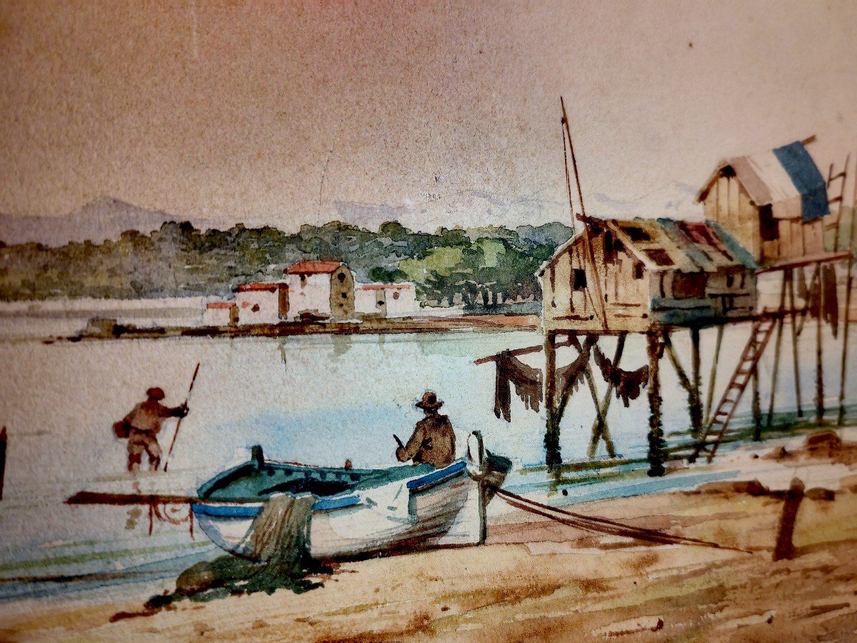 Beautiful Large Watercolor, Marine Subject, émile Henry, Cove And Boats, Late 19th Century -photo-1