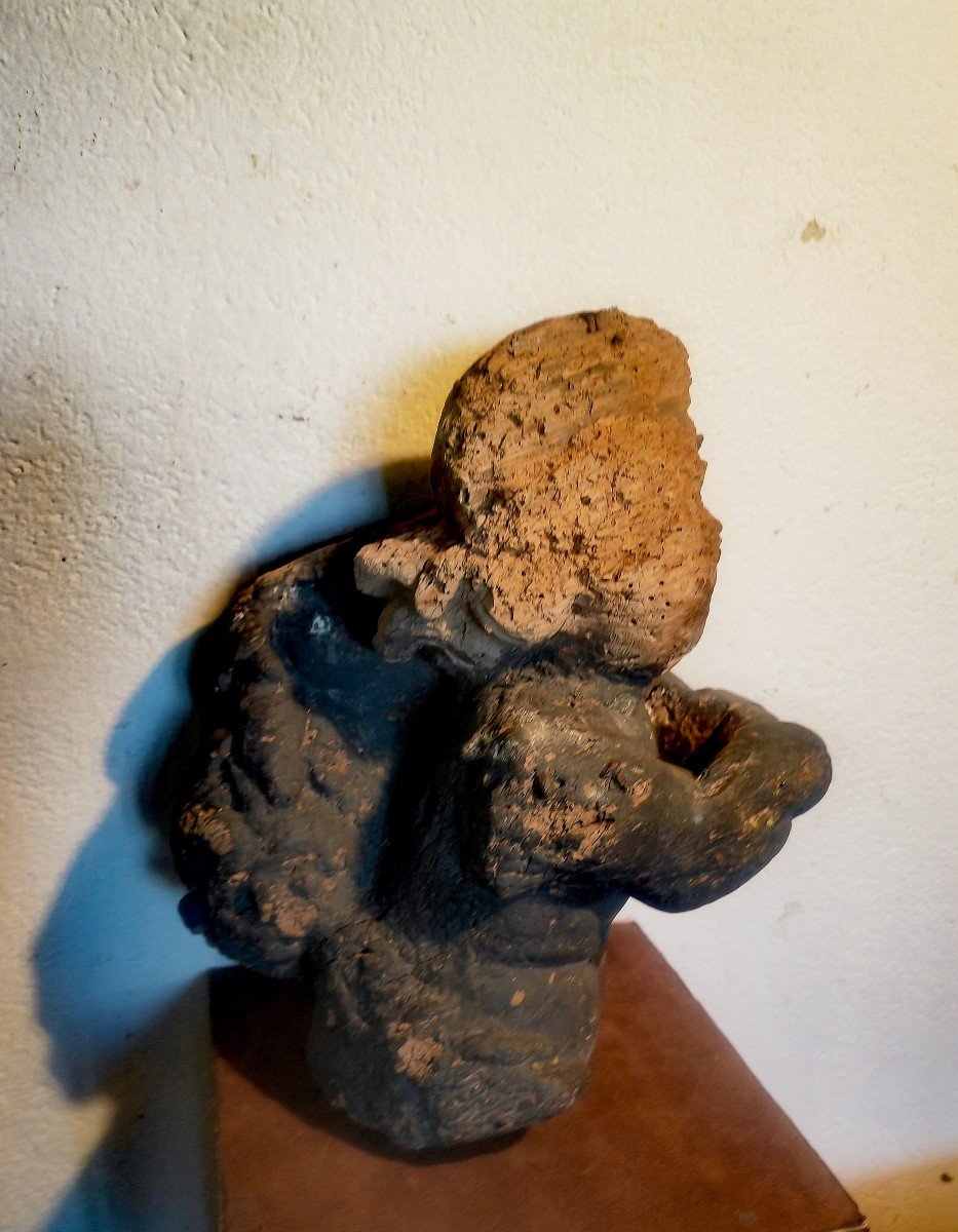 Important Wooden Sculpture, Crossed Arms Putto, Polychrome, 17th-18th Century, Italy ? -photo-2