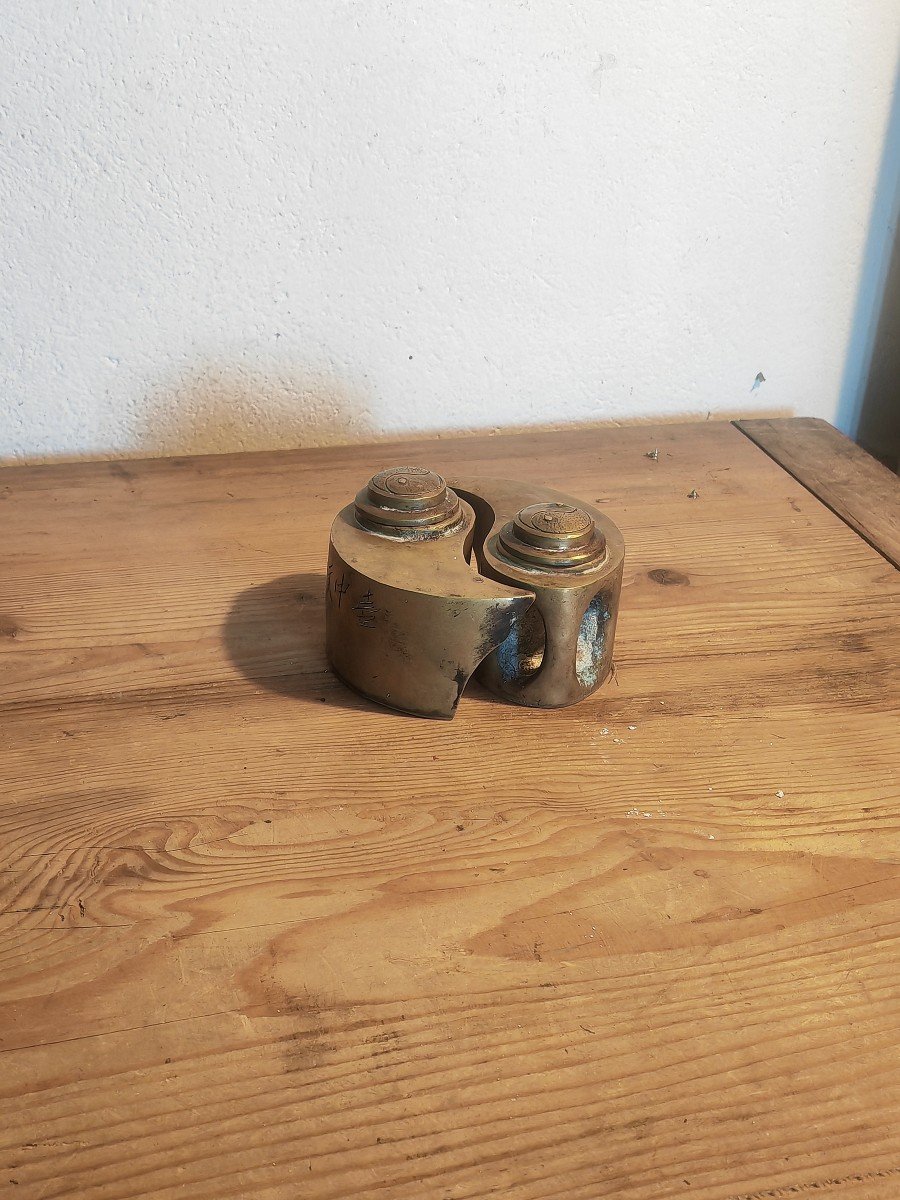 Amazing Double Cylindrical Teapot, Bronze Or Brass, Yin & Yang, Asia 20th , Signed 