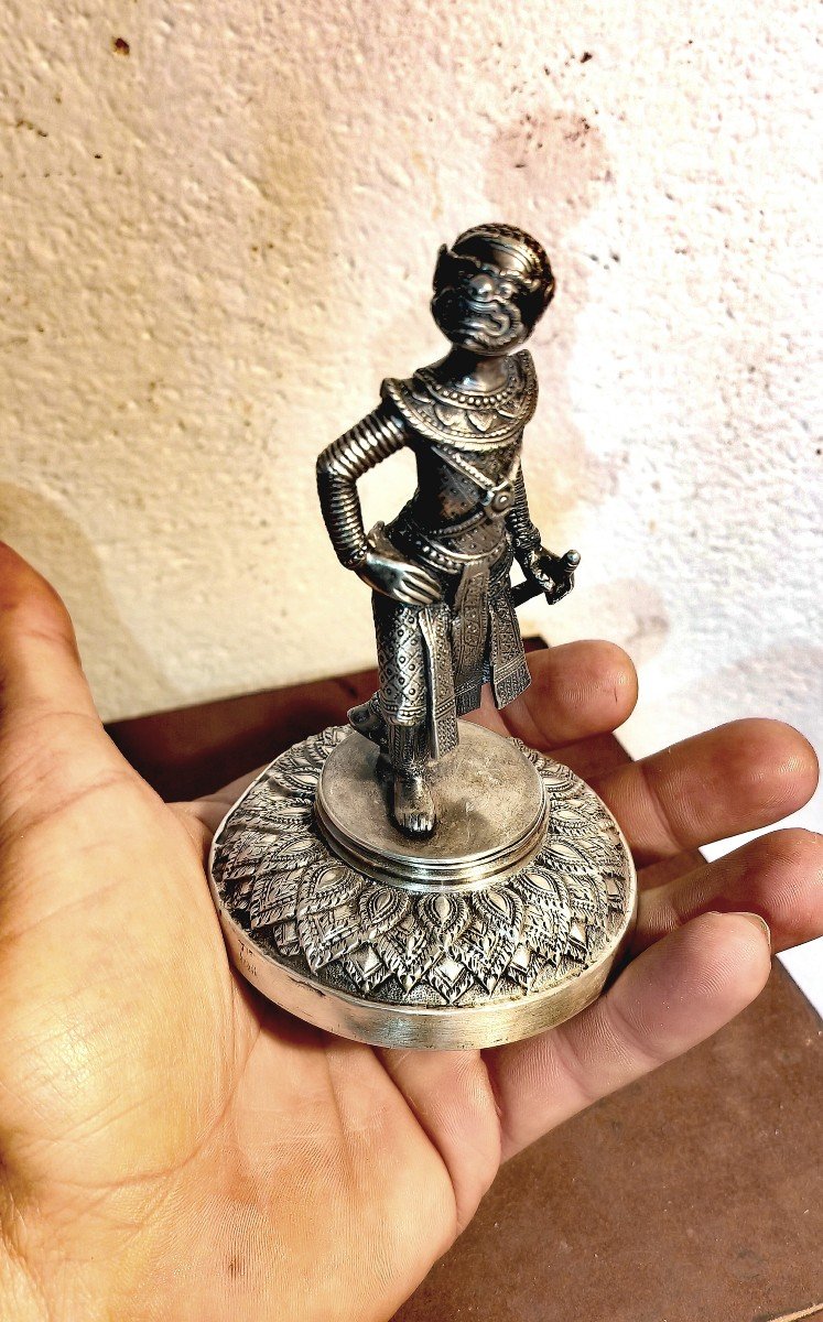 Rare Silver & Silvered Bronze Statuette, Lakhon Khol Dancer, Hanuman Mask, Cambodia 19thc -photo-6