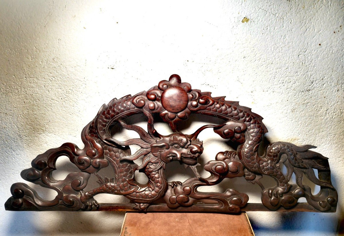 Hongmu Wood Or Ironwood, Dragon And Sacred Pearl, Good Sculpture, Vietnam Early 20th C