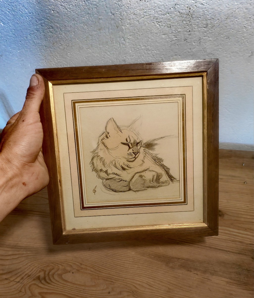Beautiful Framed Pencil Drawing, Portrait Of A Cat, Ferdinand Oger (1872-1929)-photo-1