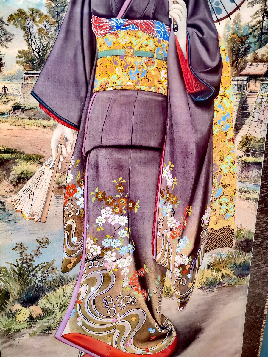 Pair Of Kakemono, Paper And Silk Painting, Europeans In Kimono, Meiji Japan, Late 19th Century -photo-1