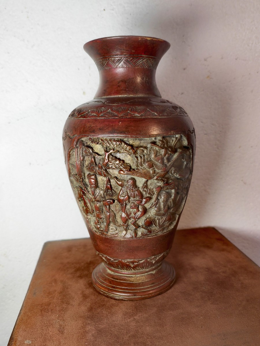 Pretty Small Terracotta Vase, Decorated With Figures & Pagodas, Chinese Circa 1900-photo-3