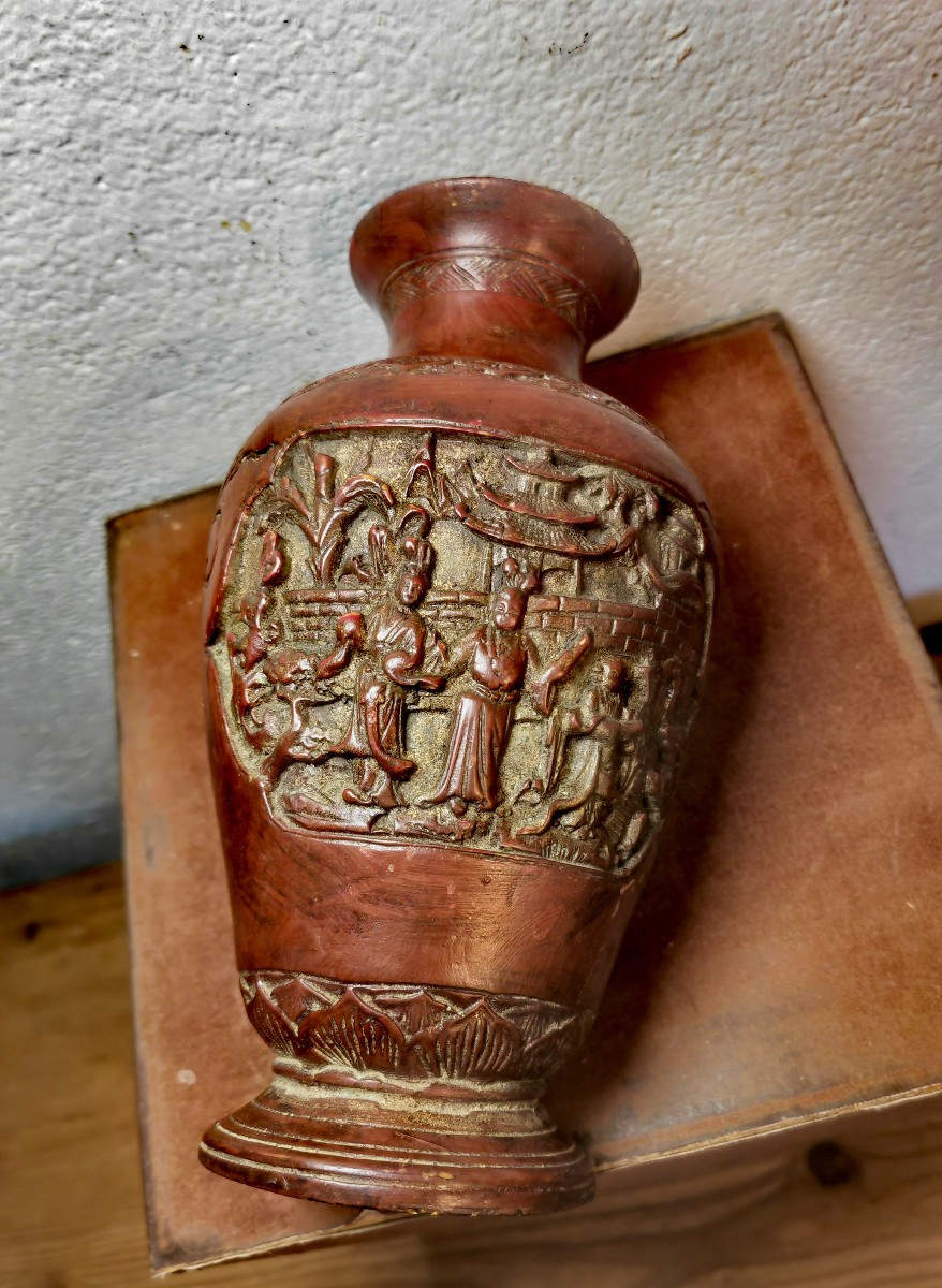 Pretty Small Terracotta Vase, Decorated With Figures & Pagodas, Chinese Circa 1900-photo-4