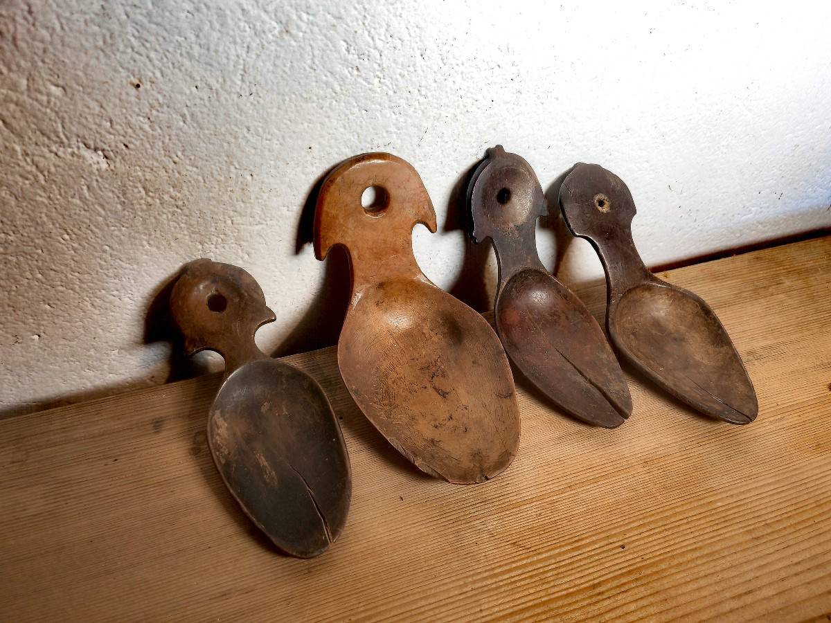 Ariège Folk Art, France 19thc & Earlier, 4 Carved Monoxyl Wooden Spoons-photo-2