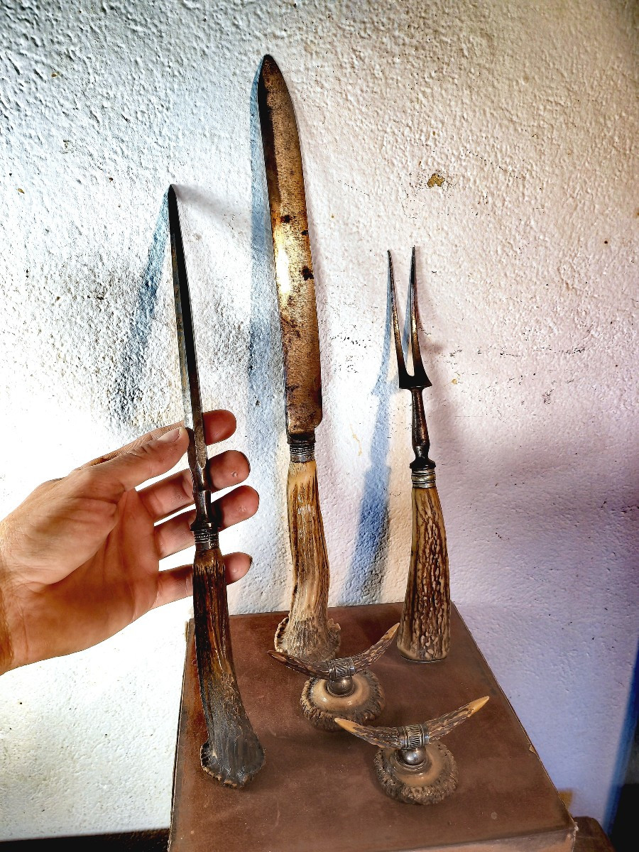Beau Service à Découper, Bois De Cerf, Montures Argent, Chasse, Vennerie, Anglais XIXe Siècle -photo-5