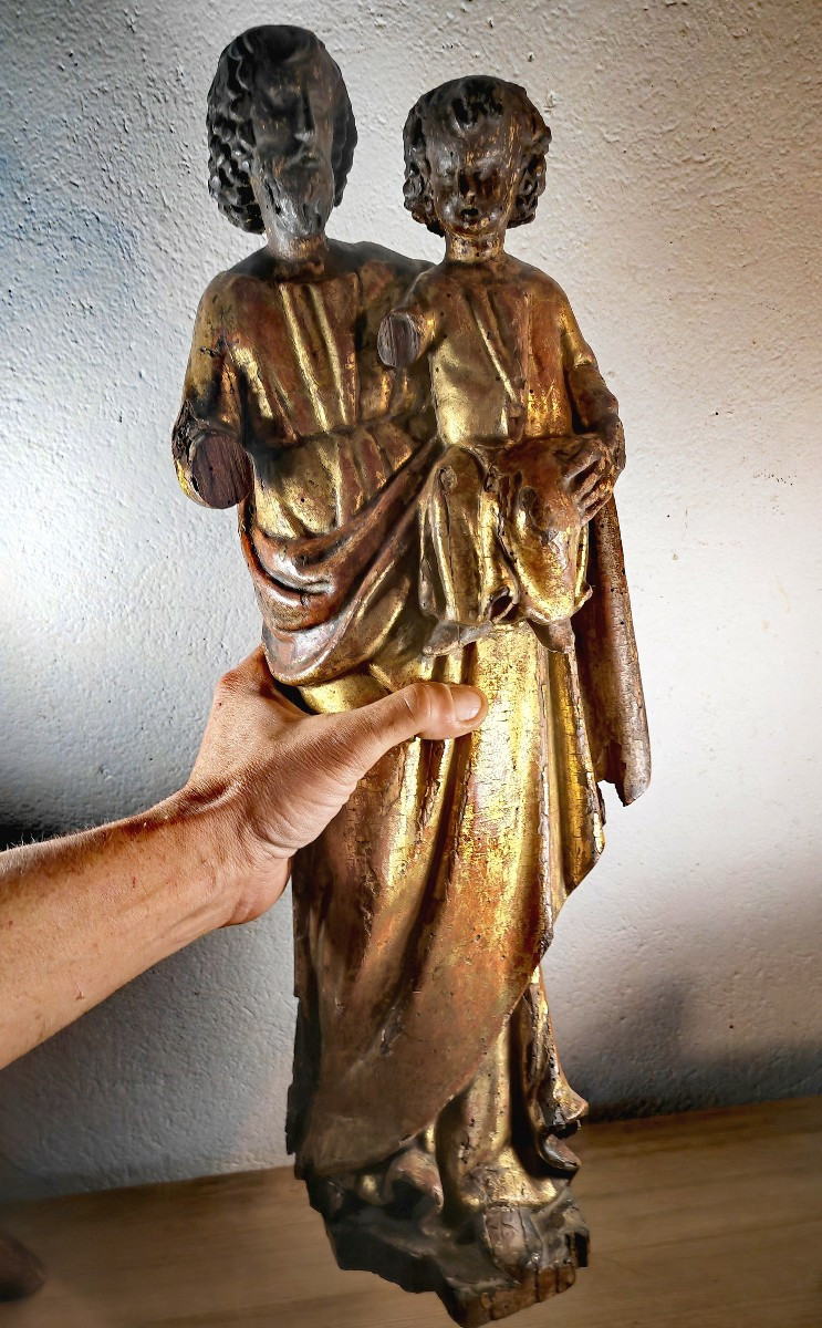 Beautiful Wooden Sculpture, Lacquered, Gilt, Saint Joseph & Child, France Late 17thc-photo-8
