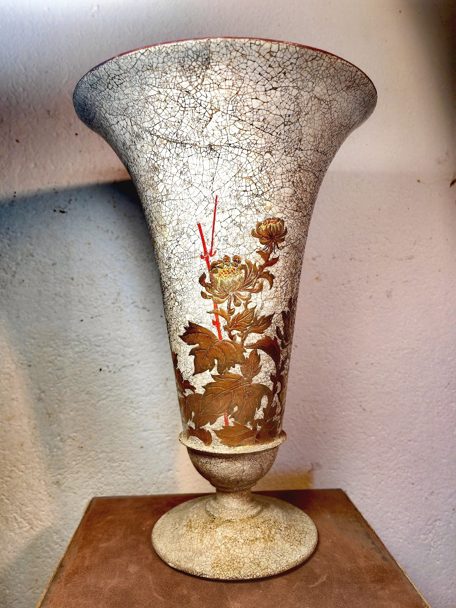 Beautiful Eggshell Lacquer Vase, Gold And Red Lacquer Chrysanthemums, Thanh Ley, Vietnam 20th Century-photo-2