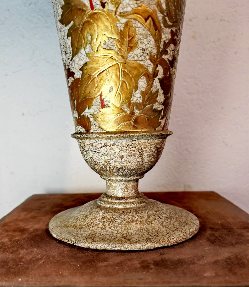 Beautiful Eggshell Lacquer Vase, Gold And Red Lacquer Chrysanthemums, Thanh Ley, Vietnam 20th Century-photo-4