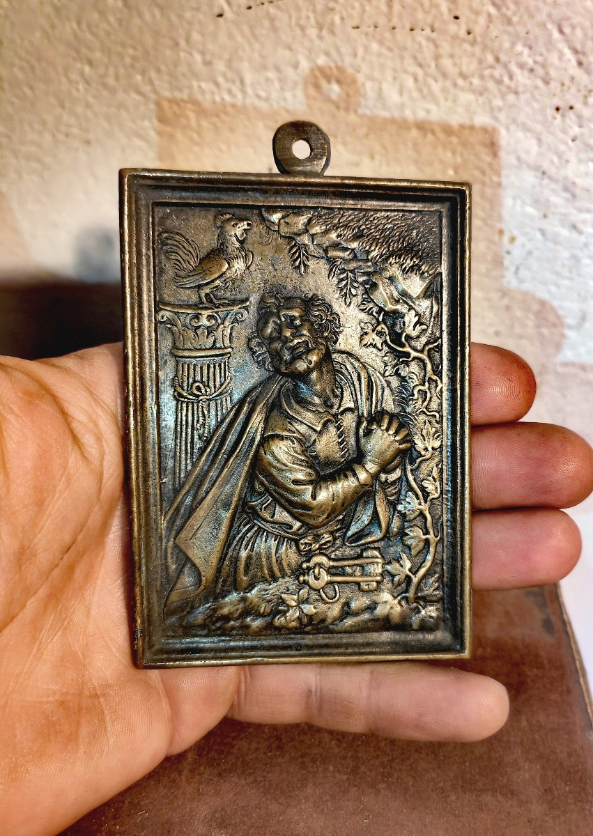 Beautiful Rectangular Bronze Plaque, Denial Of St. Peter, 19th Or Earlier -photo-1