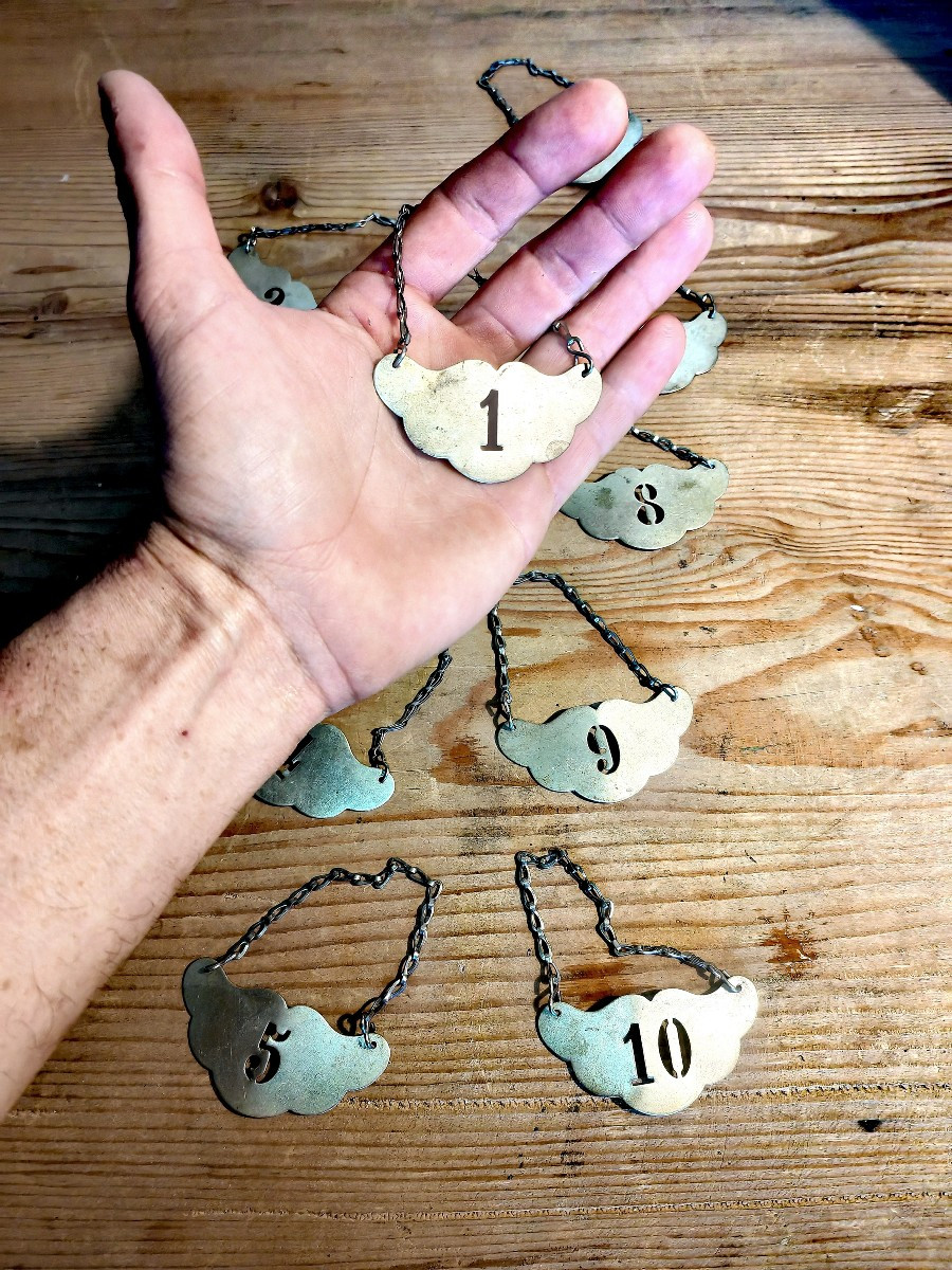 Beautiful Set Of 10 Bottle Labels, Nickel Silver Numbers, Free Form, Early 20th Century -photo-3