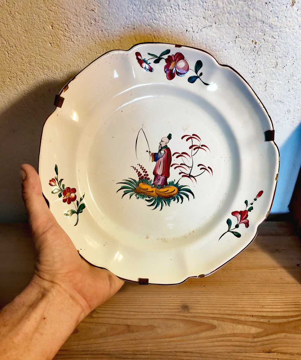 Beautiful Strasbourg Earthenware Plate, Les Islettes Factory, 18th Century Chinese Decor -photo-3