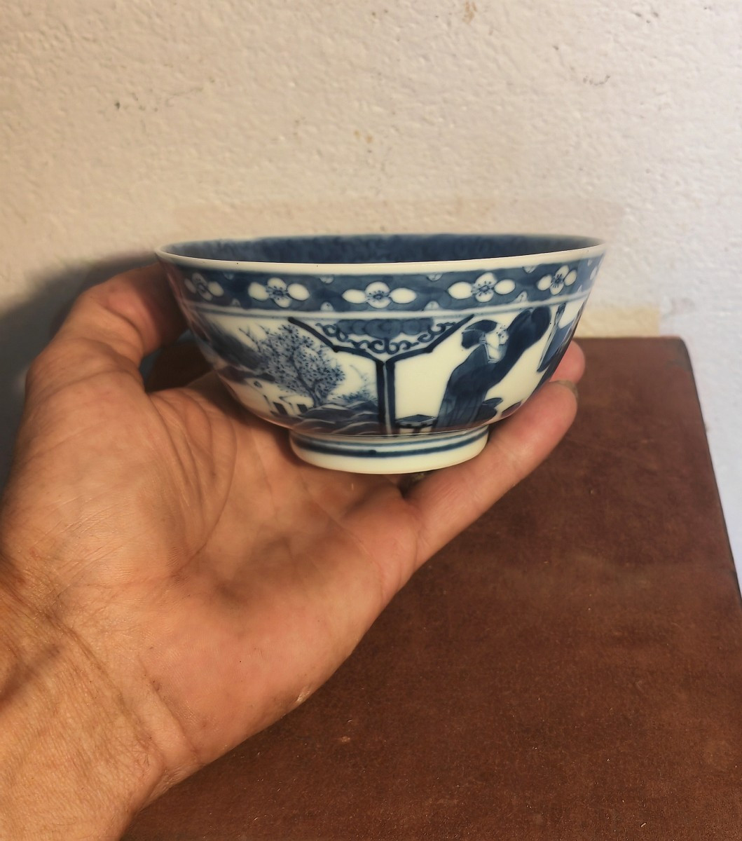 Nice Chinese Porcelain Bowl,  Blue&white Scholars Decor, Apocryphal Kangxi Mark, Late 19thc-photo-5