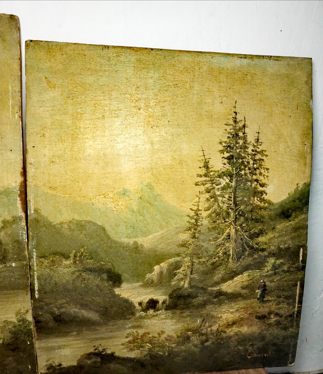 Beautiful Pair Of Paintings, Mountainous Landscape, Italy Or Switzerland, Signature, 19thc-photo-3