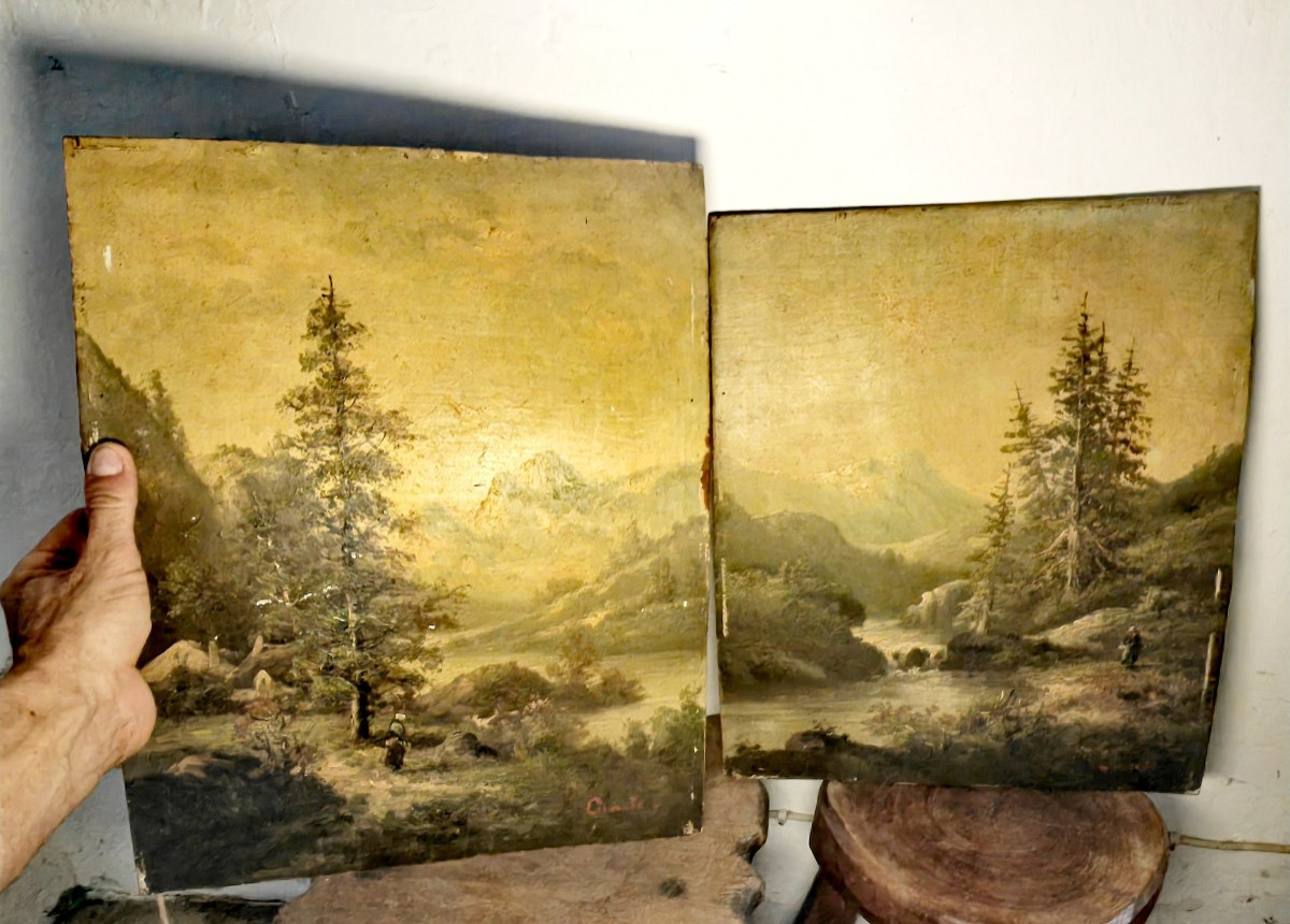 Beautiful Pair Of Paintings, Mountainous Landscape, Italy Or Switzerland, Signature, 19thc-photo-5