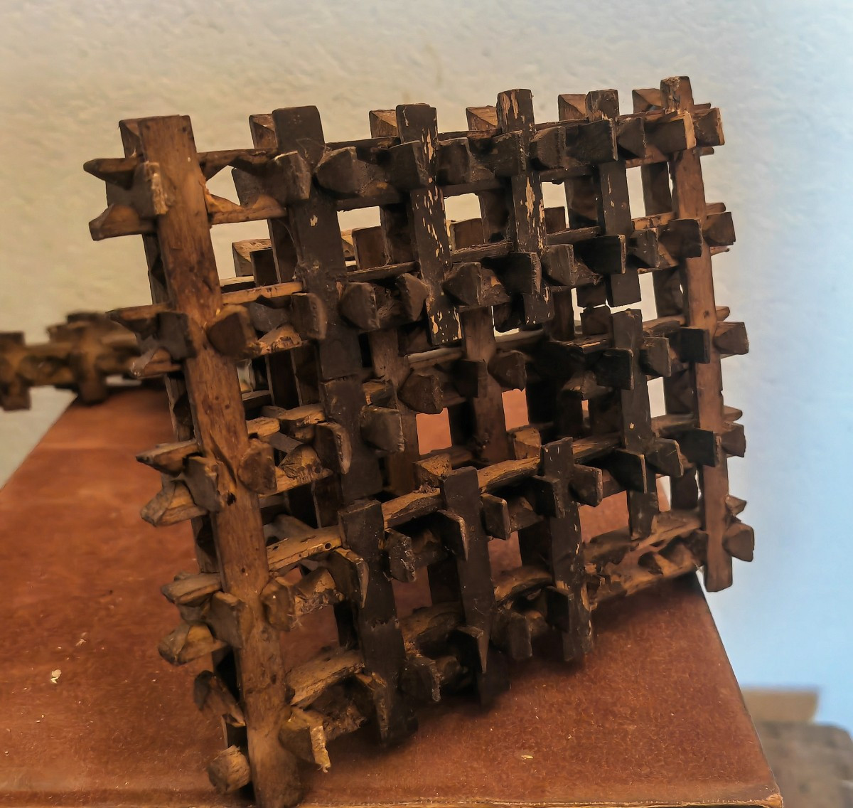 Great Primitive, Folk Art, Wooden Cross, Interlocking Carved Parts, Religious, Late 19th C-photo-1