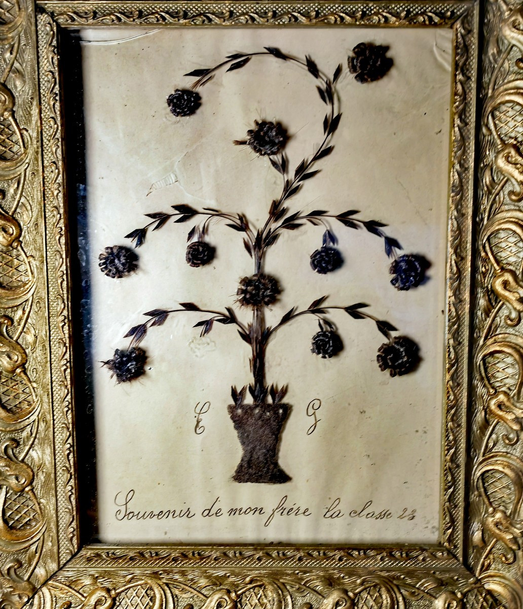 Paire de Tableaux, Composition en Cheveux, Décor Floral,  XiXe siècle -photo-2