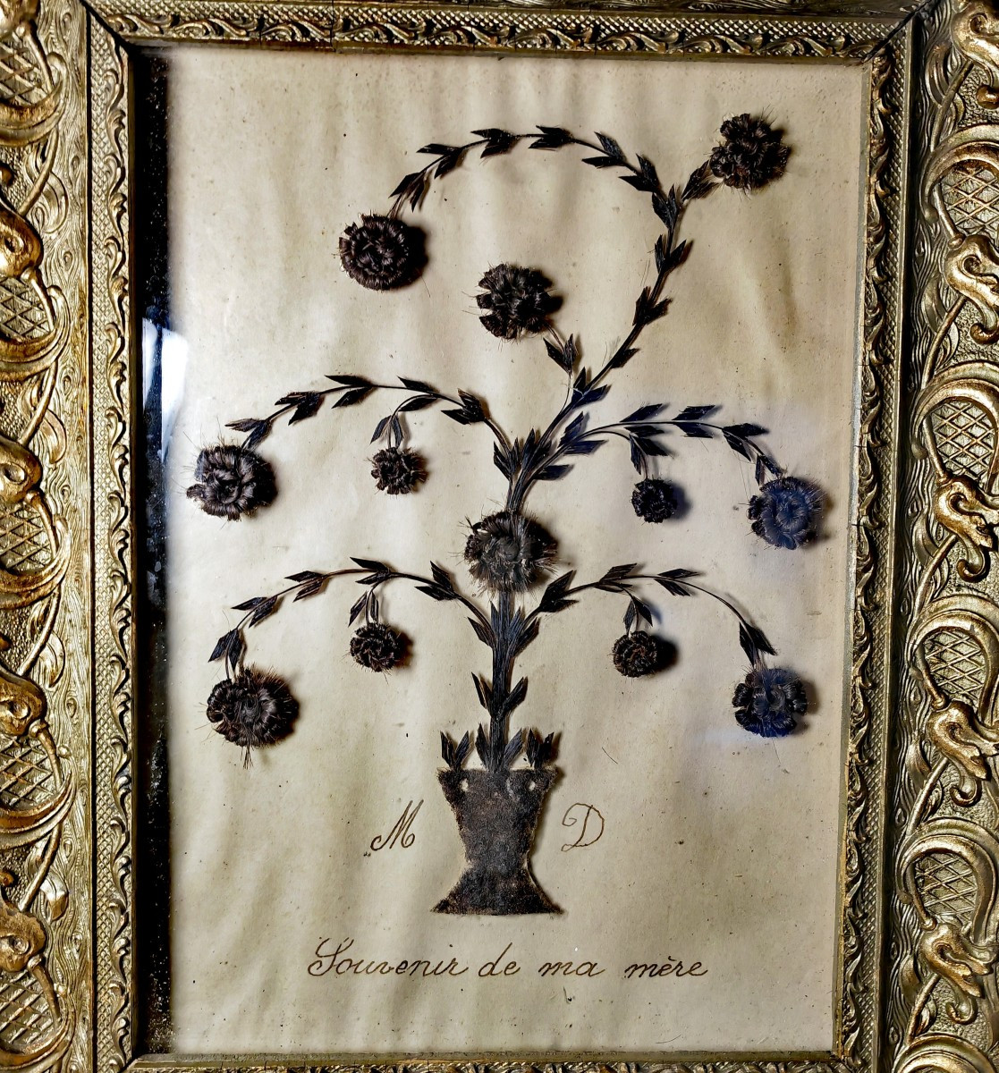 Paire de Tableaux, Composition en Cheveux, Décor Floral,  XiXe siècle -photo-3