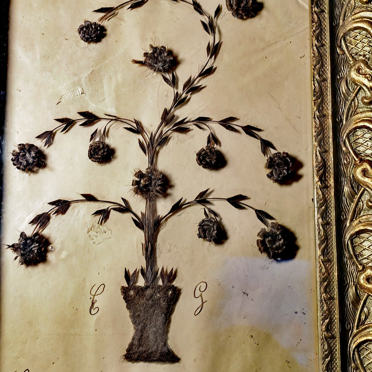 Paire de Tableaux, Composition en Cheveux, Décor Floral,  XiXe siècle -photo-1