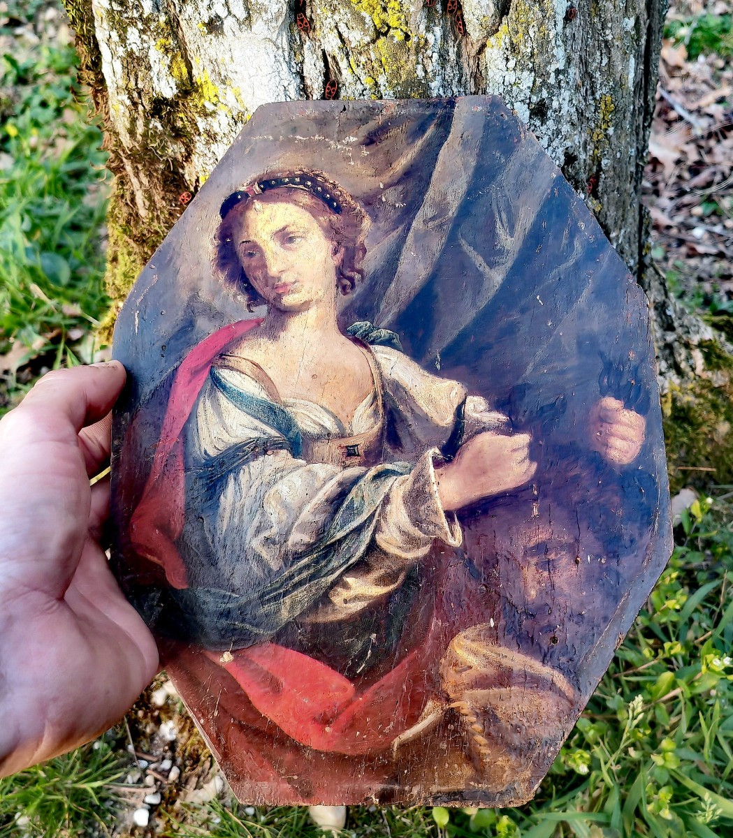 Beautiful Painting On Wood Panel, Judith And Holoferne, 18th Century -photo-2