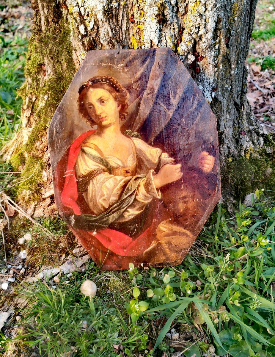 Beautiful Painting On Wood Panel, Judith And Holoferne, 18th Century 