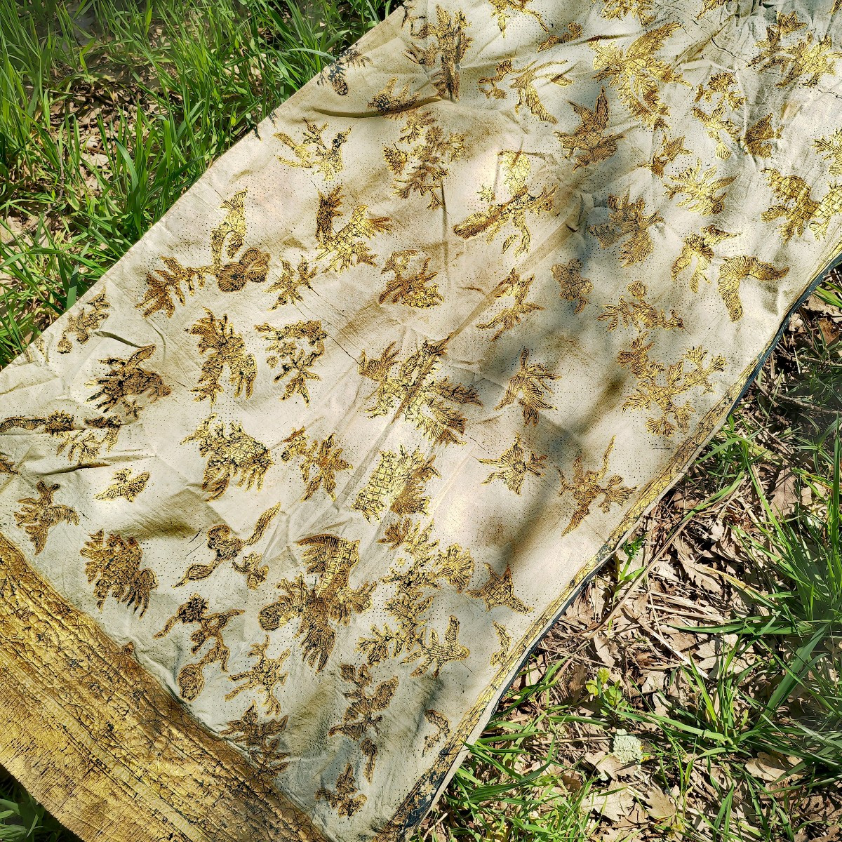 Beautiful Antique Batik, Symmetrical Blue & Gold Design, Birds & Plants, Indonesia Java 19thc-photo-1