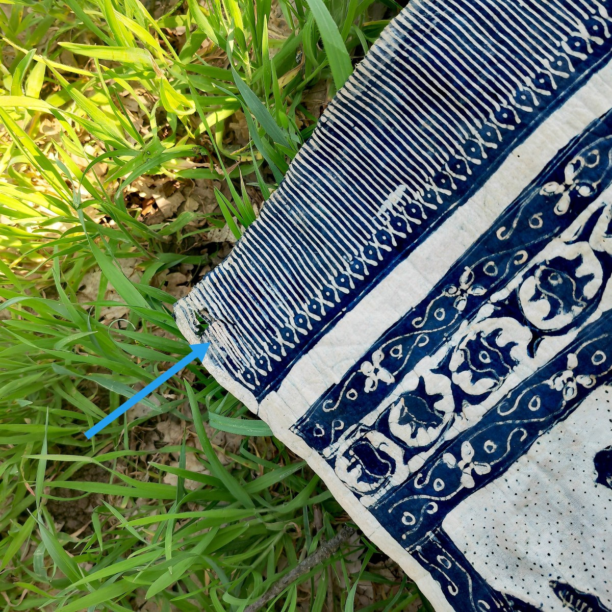 Beautiful Antique Batik, Symmetrical Blue & Gold Design, Birds & Plants, Indonesia Java 19thc-photo-4