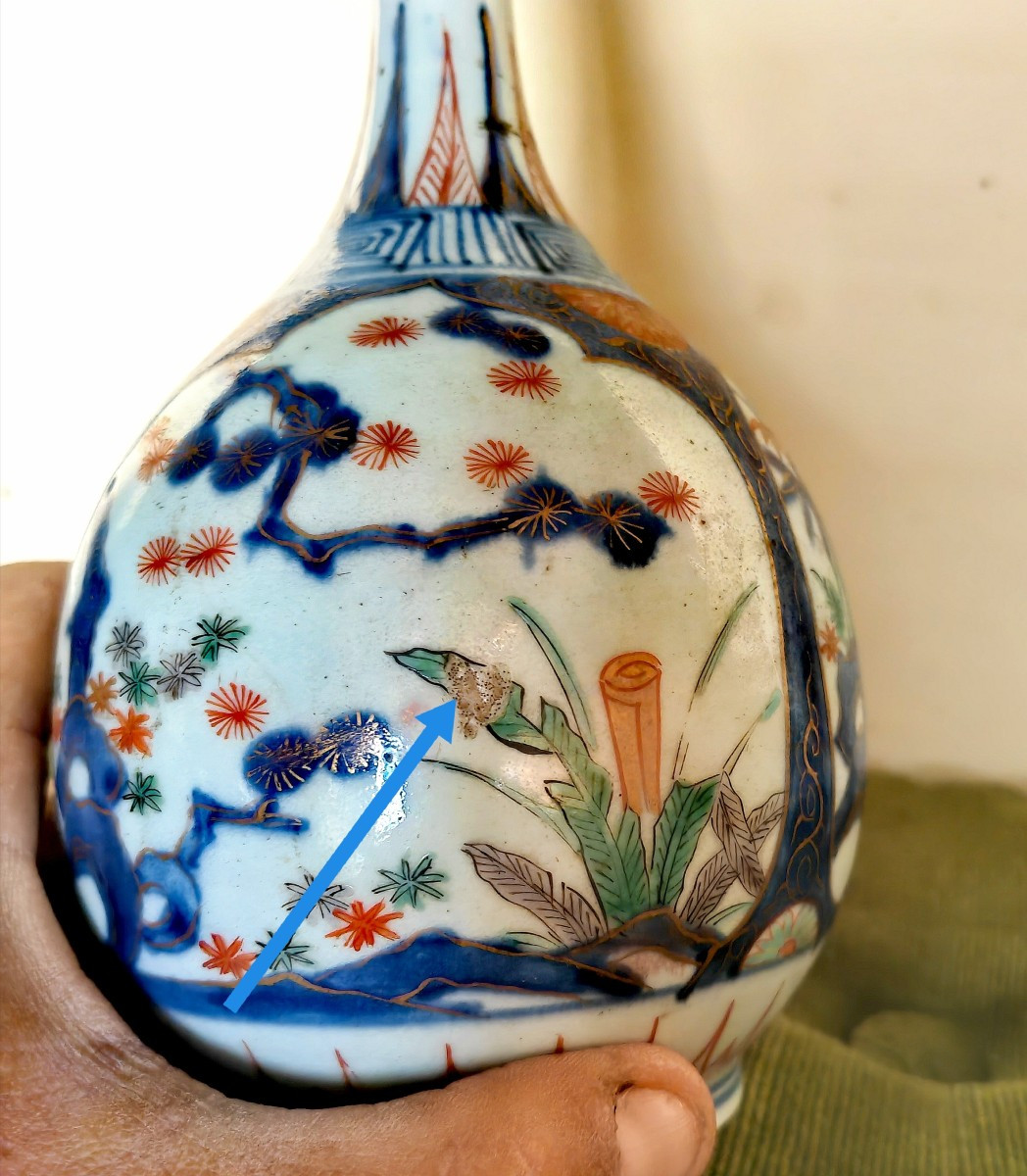 Rare Paire de Vases, Forme Bouteille, Porcelaine Arita, Imari 3 Amis, Japon Edo Circa 1720s-photo-2