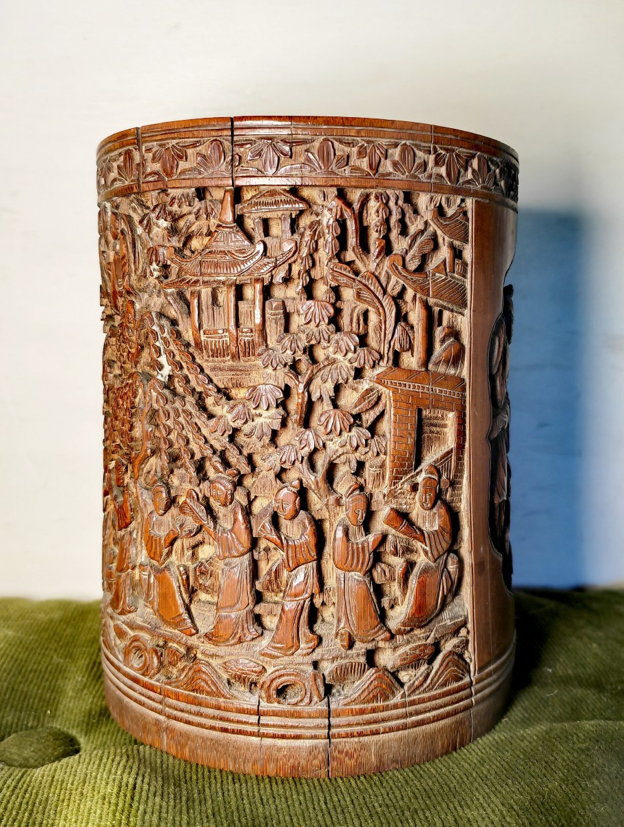 Important Pot à Pinceaux, Bitong, Bambou Sculpté, Haut Relief, Canton Chine XiXe siècle -photo-3