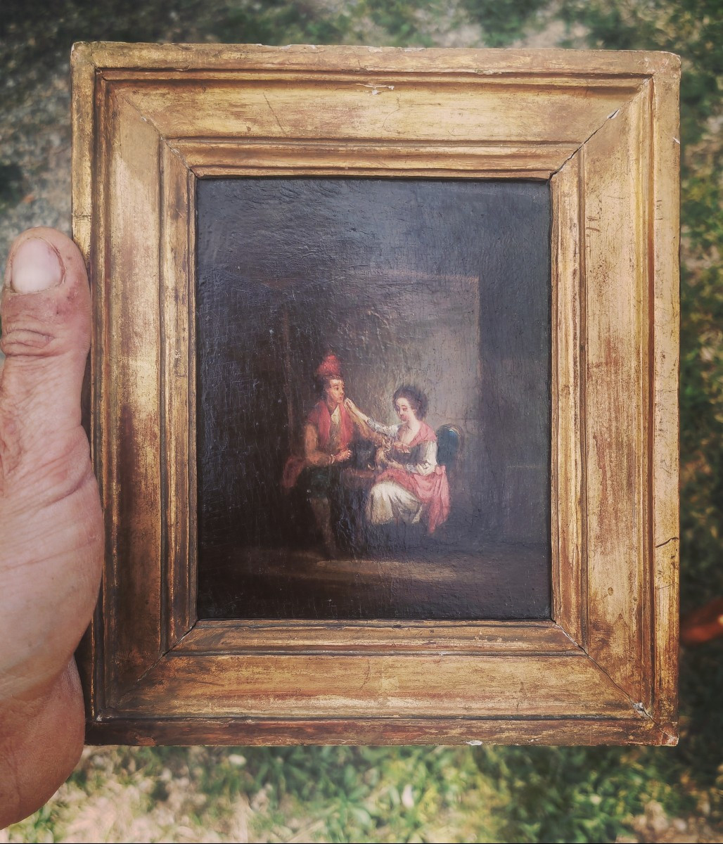 Jolie Peinture, Panneau de Bois et Cadre Bois et Stuc Doré, Scène Galante et Chat Fin XVIIIe s.-photo-4