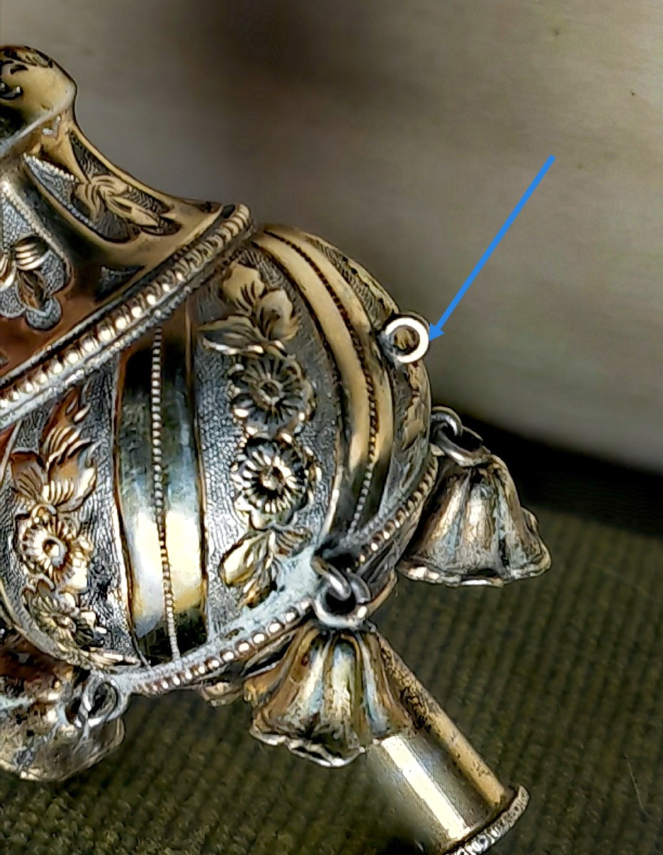 Pretty Silver & Vermeil Rattle Whistle, Floral Decor & Bells, Europe XIXth Century-photo-3