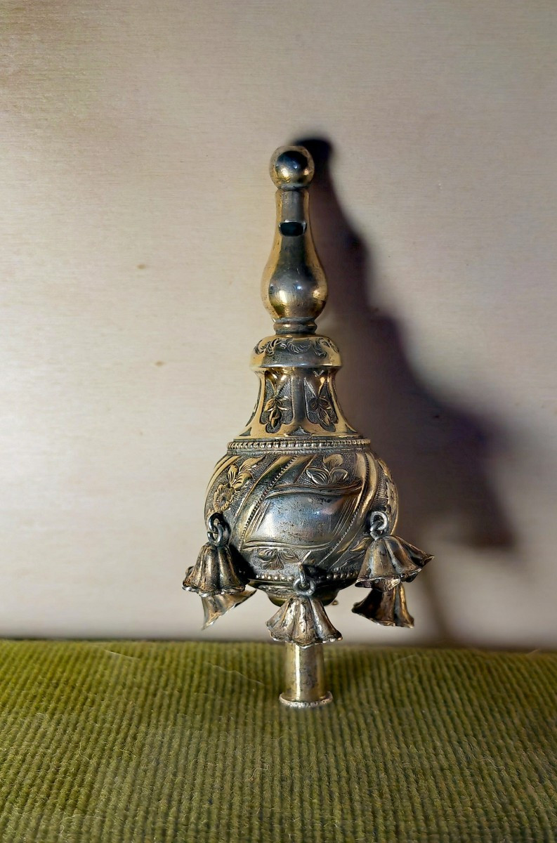 Pretty Silver & Vermeil Rattle Whistle, Floral Decor & Bells, Europe XIXth Century