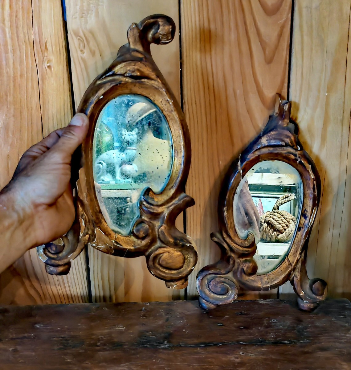 Jolie Paire de Miroirs en Bois et Stuc Doré, Forme libre fin XVIIIe siècle -photo-5
