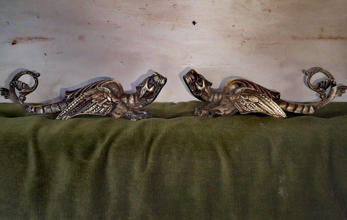 Belle Paire Éléments en Bronze Doré, Griffons, Pour Ameublement ou Patères, France XiXe siècle -photo-2