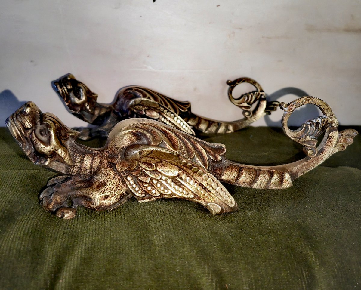 Belle Paire Éléments en Bronze Doré, Griffons, Pour Ameublement ou Patères, France XiXe siècle 
