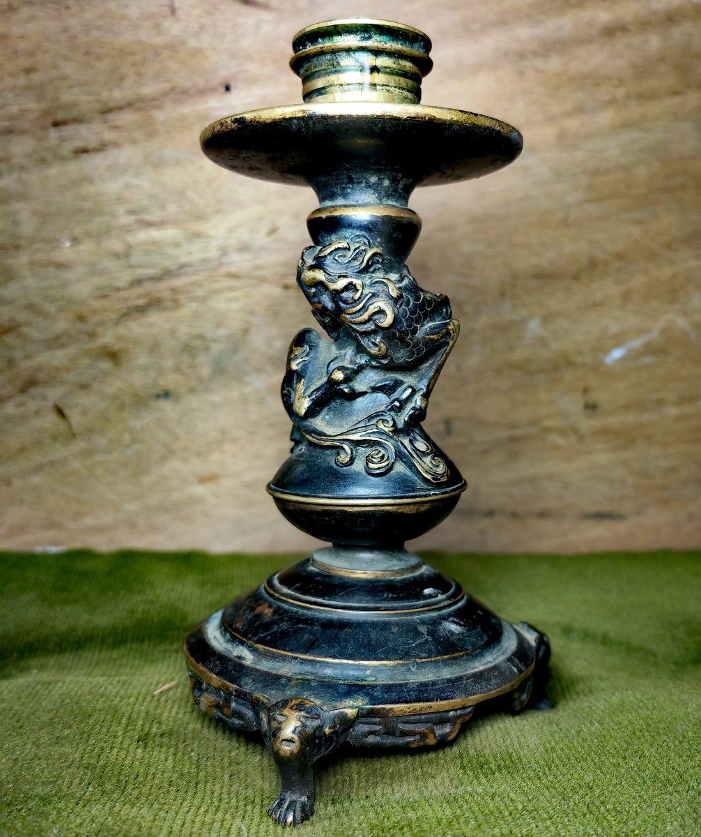 Great French Bronze Candleholder, Dark Patina, Coiled Kirin Design, Japanese Inspiring -photo-2