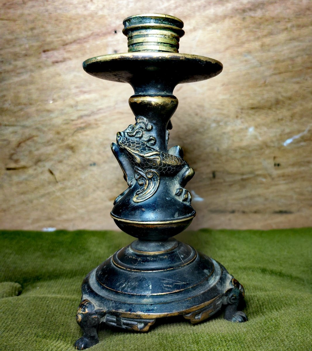 Great French Bronze Candleholder, Dark Patina, Coiled Kirin Design, Japanese Inspiring -photo-3